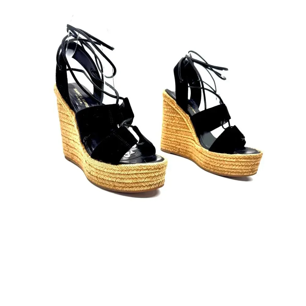 Saint Laurent Black Suede Espadrille Platform Wedge Sandals  Ankle Tie EU 38.5